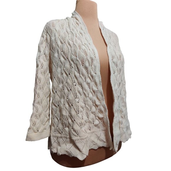 JM Collection XL Petite Sweater Cream Metallic Open Knit Cardigan 3/4 Sleeve - Picture 2 of 14